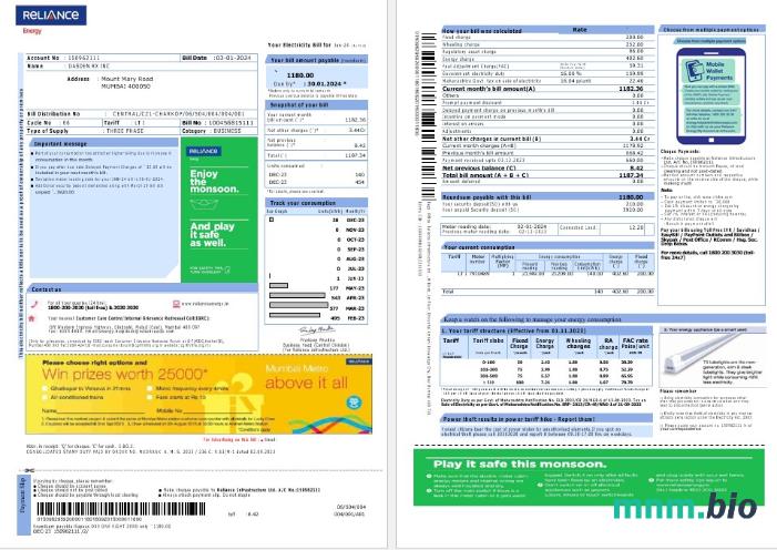 Indie Reliance Energy rachunek za usługi komunalne Word i szablon PDF, 2 strony